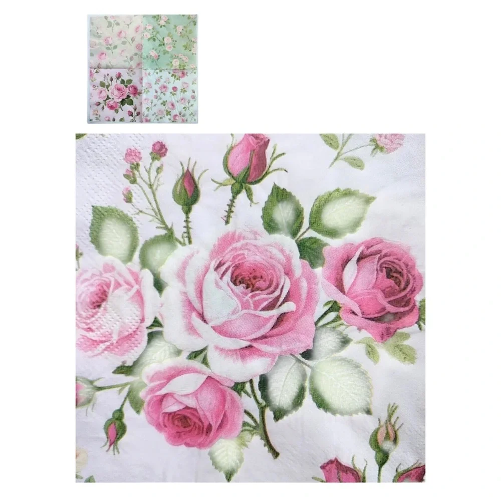 Set of 20 Four Unique Designs of Roses in One Floral Luncheon Napkins
